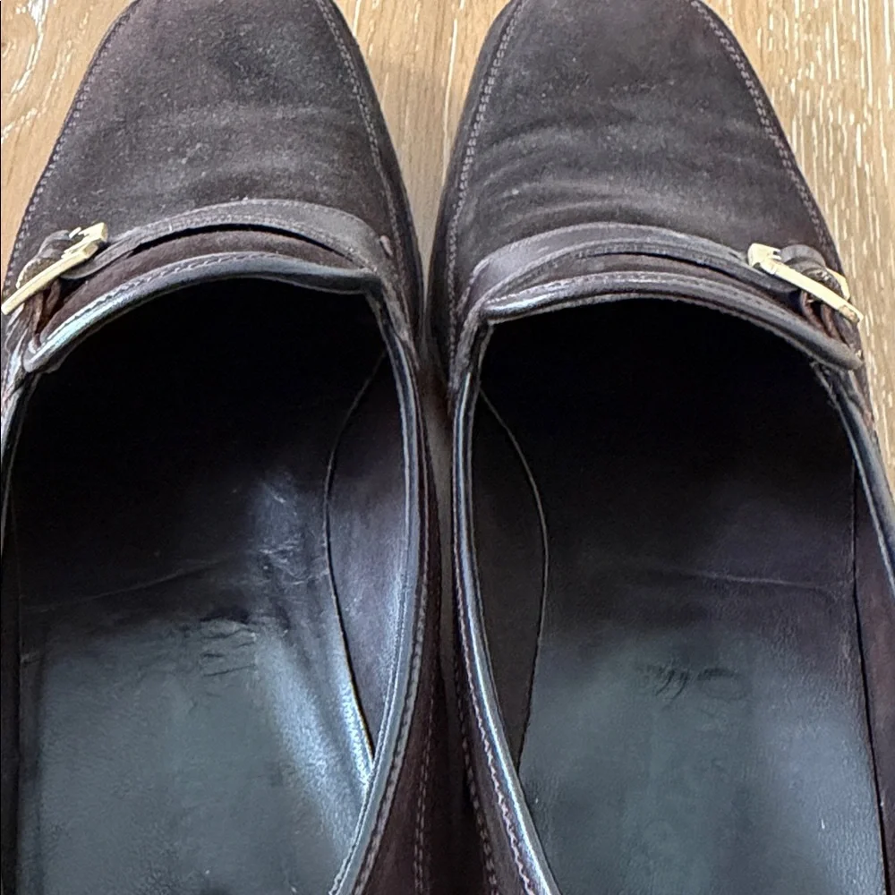 Ferragamo Men's Brown Suede Slip-On Loafers with Gold Buckle